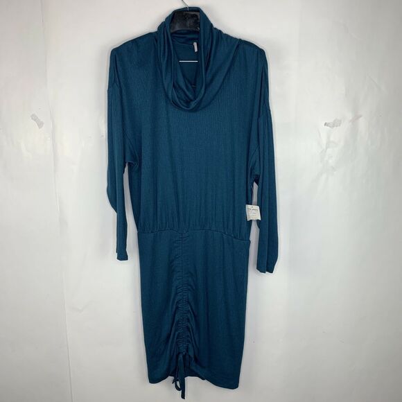 Free People Sundown Mini Dark Green Cowl Neck Ruched Knit Dress NWT Size S - Picture 3 of 8